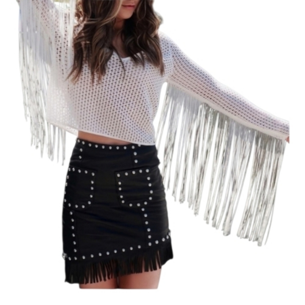 NBD x REVOLVE Laeticia Black Leather Studded Fringe Mini Skirt Sz S NWT